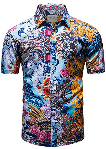 fohemr Mens Chain Print Shirt Luxury Baroque Vintage Short Sleeve Casual Button Down Dress Shirts Blue XX-Large