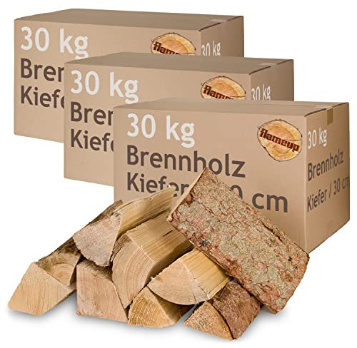 Kiefer Brennholz Kaminholz 5-500 kg Holz Für Ofen und Kamin Kaminofen Feuerschale Grill Flameup Feuerholz 30 cm Holzscheite Wood Kammergetrocknet, Menge:90 kg