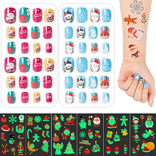 Kiiwah 48 Stück Weihnachten Kinder Falsche Nägel Volle Abdeckung Presse auf Fingernägel Künstliche Nagelspitzen für Mädchen Damen Nagelkunst Dekoration
