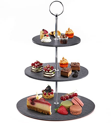 Qhecomce Tortenständer Schiefer Etagere 3 Etagen - Cupcake Ständer 3 stöckig Runder Servierturm Dessert Ständer für Hochzeit, Geburtstagsparty, Heimdekoration (Smooth Edge)