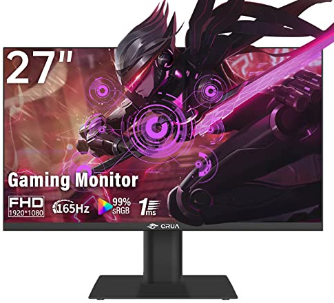 CRUA Gaming Monitor 27 Inch 144HZ/165HZ PC Monitor, Full HD 1080P Frameless Computer Monitor, 1ms GTG with FreeSync, 100% sRGB Colour Circumference, Eye Protection, DP, HDMI
