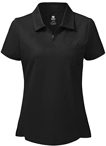 MoFiz Women's Polos Short Sleeve Golf Shirt Lady-fit Cotton Casual Sport Gym Work Top with 1/4 Zipper Black Size M