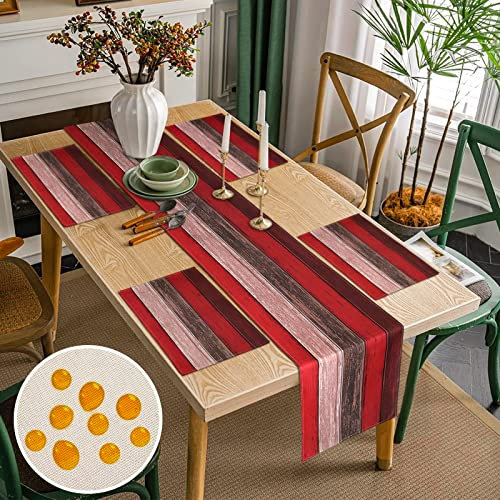 Modern Tischläufer und Tischsets Waschbar 4er Set 45x32cm Rot und Braun Holz Streifen Polyester Sommer Tischläufer Abwaschbar Set für Couchtisch Drinnen und Draußen 33x183cm