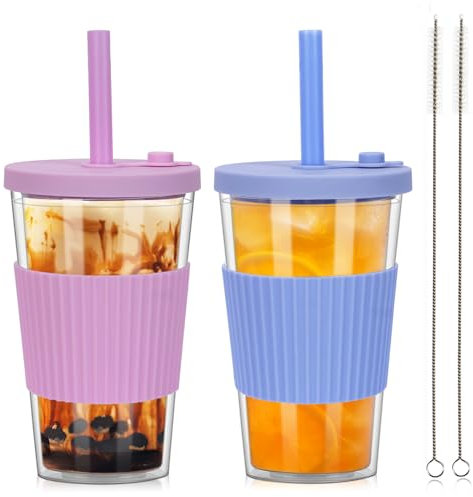 ZgoEC 500ml Bubble Tea Becher mit Deckel und Strohhalm, 2pcs Mehrweg Plastikbecher Smoothie Becher, Trinkbecher mit Strohhalm Doppelwandig Isoliert, Auslaufsicher Tumbler Becher für Tee Eiskaffee