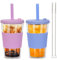 ZgoEC 500ml Bubble Tea Gobelet avec Couvercle et Paille, 2 Pièces Smoothie Gobelet Plastique Boba Gobelet, Gobelet Réutilisable Double Paroi Isolé, Gobelet Tumbler Anti-Fuite pour Boba Café Glacé
