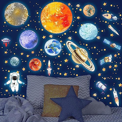 Wandsticker Leuchtaufkleber 9 Planeten Leuchtsterne Astronaut Planet Leuchtsticker Wandtattoo Leuchtend Sterne Sonnensystem Fluoreszierend Wandaufkleber für Kinderzimmer Dekorative Aufkleber Blau