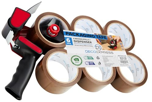 DECO EXPRESS Packaging Tape Dispenser Gun and 6 Rolls Parcel Tape Strong Brown Fragile Clear Heavy Duty for Packing Boxes Moving House Essentials (Dispenser Brown, 1 Pack)