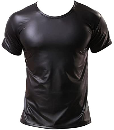 Herren Lack Leder Kurzarm T-Shirt Rundkragen Sexy PU-Leder Solid Color Mode Punk Gothic Top