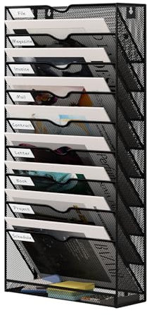 Senhoglb 10 Fächer Zeitungshalter Wand Metall A4 Zeitschriftenhalter Wand Dokumentenablage Hängeregister Zeitschriftenständer Flyerhalter Prospektspender mit 9 Fächern und 1 Tablett, Schwarz