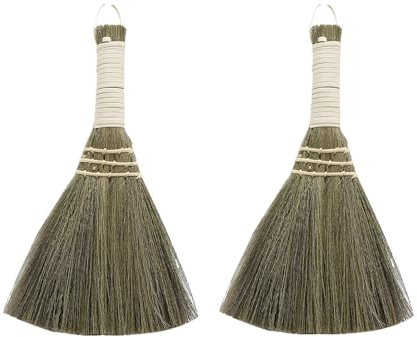 Wensmy 2 escobas pequeñas de escritorio portátiles para interiores, escoba de paja trenzada manual, escoba para polvo, escoba pequeña para sofá, coche, esquina