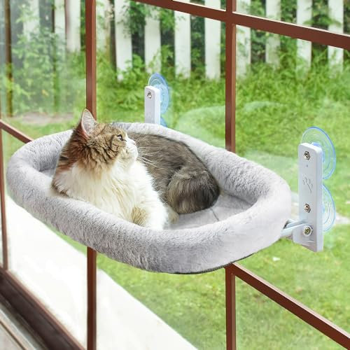 AMOSIJOY Cordless Cat Window Perch, Cat Hammock for Wall with 4 Strong Suction Cups, Solid Metal Frame and Two Replaceable Covers, Foldable Cat Beds for Indoor Cats (Large-Cushion Bed-Gray)