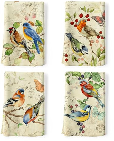 Arquiel Küchentücher Baumwolle 4 Stück, Geschirrtücher 100% Baumwolle Retro -Vögel Küchenhandtuch Set Multi-Purpose Hochwertige Küche Trockentuch Bar Handtücher 48 x 70CM