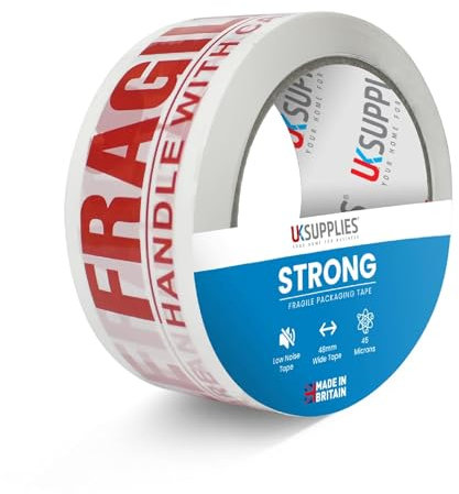 UK SUPPLIES LIMITED 1 nastro adesivo per pacchi con manico fragile con chiusura adesiva a basso rumore e sicura per pacchi resistenti, 48 mm x 66 m | rotolo di nastro adesivo fragile | nastro da