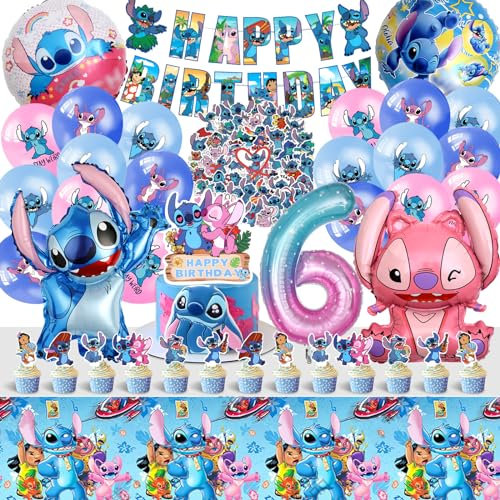 100pcs Stitc Geburtstagsdeko 6 Jahre, Lil und Stitc Ggeburtstag Deko, Stitc Deko Geburtstag, Stitc Kuchen Deko, Stitc Sticker, Stitc Ballons,Stitc Tortendeko für Kindergeburtstag