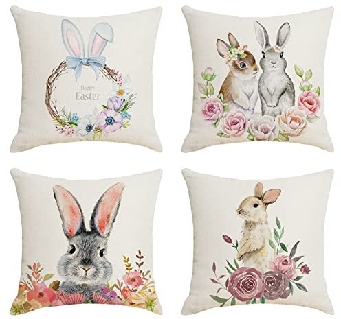 4er Set Ostern Dekorativ Kissenhülle Leinen Ostern Deko Kissenbezug Ostern Hase Dekokissen Kaninchen Kissenhülle Ostern Dekoration Sofakissen für Couch, Auto, Schlafzimmer 45x45 cm (D, One Size)