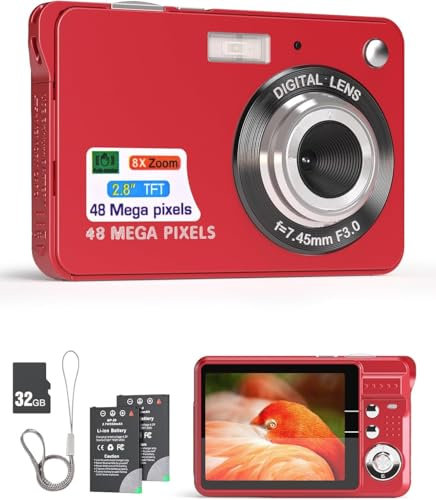 Andoer Digital Camera Video Camera Camcorder 48MP 2.8 Inch TFT Screen Auto Focus 16X Digital Zoom Anti-shake Face Detect Smile Capture Built-in Flash with 2 Batteries 32GB TF Card for Kids (Red)
