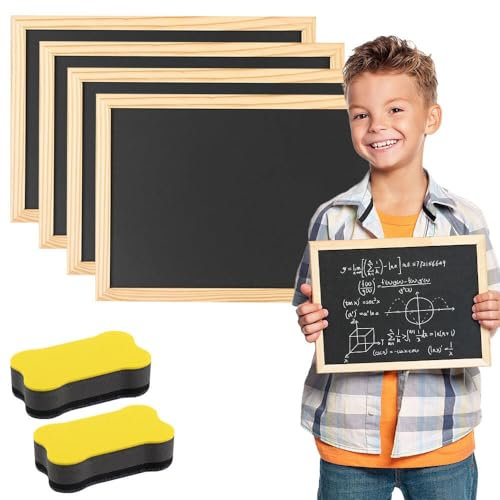 ZOYDP 4 Stück Kreidetafel mit Holzrahmen, A4 Schiefertafel zum Beschriften, 20 x 30 cm, Tafel zum Beschriften mit 2 Schwamm, Kleine Blackboard für Kinder, Hochzeit, Memo, Party, Schule, Malen