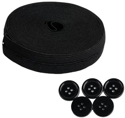 1 Rouleau Bande Elastique Couture avec Boutonnières, Bande Élastique Couture, Élastique à Boutonnière, 19 mm x 5 m Bande/Cordon Élastique Large pour Pantalon Jupe Couture, avec 5 Boutons