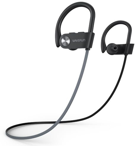 WAVEFUN Wireless Headphones with Ear Hook, XBuds Bluetooth Earbuds Over Ear IPX7 Waterproof Sports Workout Outdoor Headsets Super Bass with Earhooks 15 Hours Music Time with Mic (Grey)