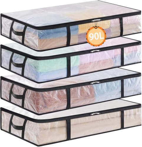 Uhogo UnderBed Storage - 4 Pack Clear Extra Large 100cm Long Underbed Storage Bags for Clothes, Bedding, Pillows, Blankets - Under Bed Storage Box with Zip, Handles, Lid, 90L