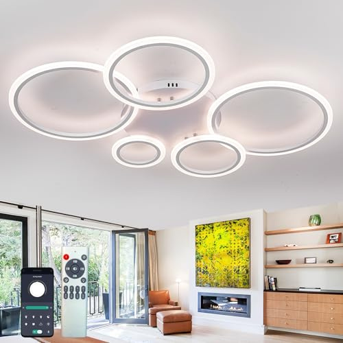 Dobecd Runde Deckenleuchte 100CM Moderne Smart Kronleuchter 3 Farbtemperatur Led Dimmbar Speicherfunktion Deckenlampe mit App und Fernbedienung 57w Helle Pendelleuchte für Wohnzimmer Esszimmer