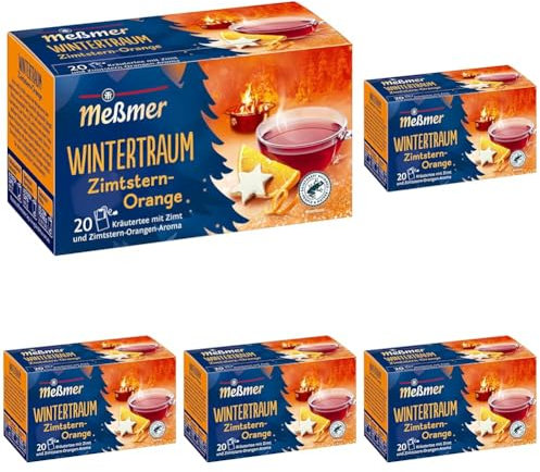 Meßmer Wintertraum | Kräutertee mit Zimt und Zimtstern-Orangen-Aroma | 20 Teebeutel | Vegan | Glutenfrei | Laktosefrei (Packung mit 5)