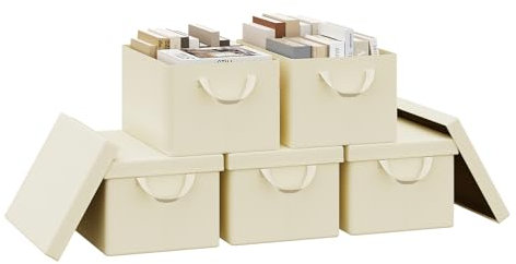 WOLTU Storage Boxes Set of 5, Storage Baskets, Storage Cubes with Handles and Lid, Fabric Folding Baskets for Shelves in Bedroom, Study, Children's Room, with Metal Frame, Cream, 38x20x27 cm