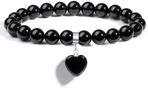 AWARDSEN Obsidian Armband Edelstein Schwarz Herz Heilsteine Armband Damen, Schwarz Kristall 8mm Edelstein Schmuck Geschenk für Frauen