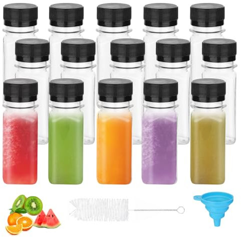 DKBT 15 Stück Kleine Flaschen zum Befüllen 60ml Ingwer Shot Flaschen zum Befüllen Plastikflaschen Saftflaschen Mini Leere Smoothie Flaschen Transparent mit Trichter Bürste für Ginger Juicer