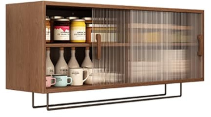 Armario de cocina estante de almacenamiento de 2 capas on puerta de cristal Armario Cocina Colgante Con botellero Mueble De Almacenamiento De Cocina De Madera con puerta corredera Estantes ajustables(