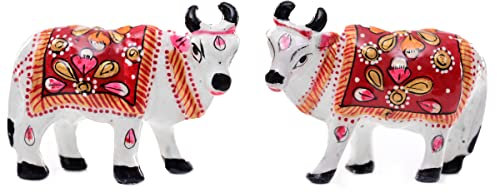Minakari Traditionelle indische festliche Dekoration Statue Skulptur Figur Dekoration für Home Office Party und Geschenk (Set mit 2 weißen Kühen)