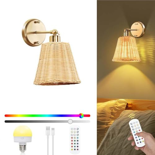 AoLa Kabellose Akku Wandleuchte mit Fernbedienung Dimmbar Wandlampe Innen Vintage RGB E27 Ohne Stromanschluss Nachttischlampe 15 Farben Retro Bambus Rattan Lampe USB Aufladbar Nachtlicht,1pack