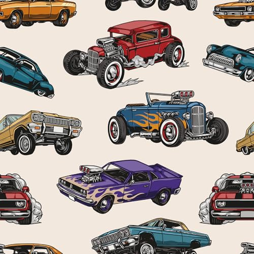 Livelynine Selbstklebende Tapete Kinderzimmer Jungen Neutral Retro Auto Bunt Tapete Beige Muster Schlafzimmer Kinder Klassische Muscle Cars Klebefolie Möbel Schrank Wandtapete Selbstklebend 44.5CMx2M