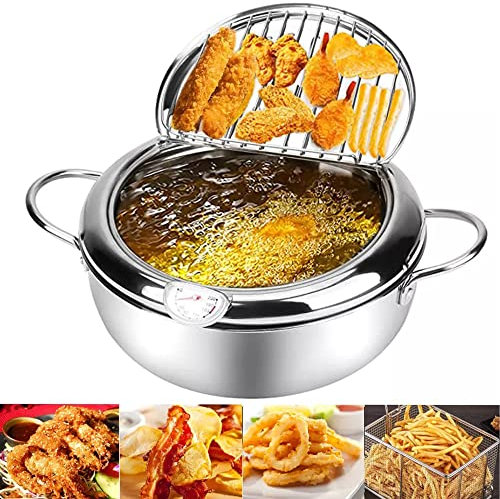 New 2.2L Stainless Steel Deep Frying Pot with Temperature Controller Thermometer Cooking Tools Tempura Frying Pan Fried Chicken French Fries Pot Oil Drip Drainer Rack