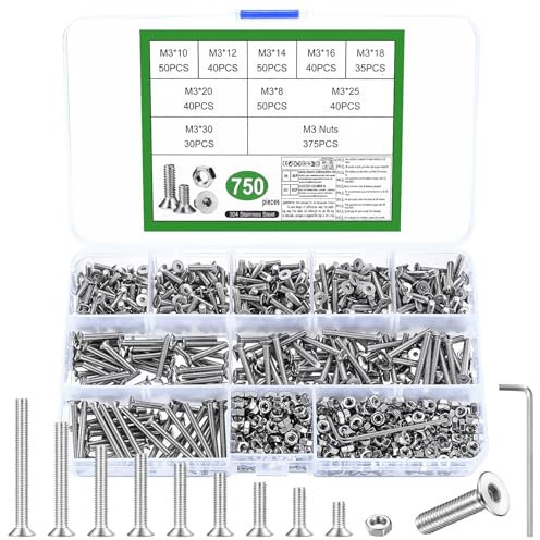 Set di 750 viti M3, dadi a testa svasata in acciaio inox, viti a esagono incassato e dadi, assortimento di viti a testa cilindrica con dadi, set di viti filettate (750 M3)