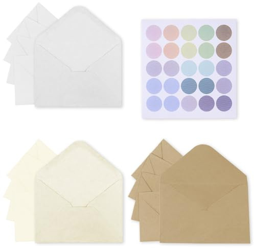 GHPKOTW 15 Mini Stück Briefumschläge, mit 25 bunten AufklebernKuvert für Geschenkkarten, für Geschenkkarten, Hochzeiten, Weihnachten und DIY, 3 Farben(100 x 70 mm)