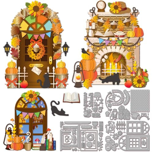GLOBLELAND Herbst Kamin Metall Stanzschablone Fenster Tür Papierpräge Stanzschablonen Set Kürbis Blätter Stanzformen für Kartenherstellung DIY Papier Scrapbooking Handgefertigtes Fotoalbum