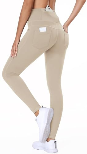 BAYGE Damen Thermo Leggings Winter Fleece Gefüttert Hight Waist Wasserdicht Blickdicht Slim Fit Jeggings Yogahose Wanderhose Sporthose Strumpfhose Sweathose mit Taschen, Khaki, S