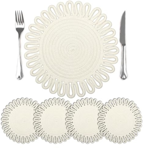 comfoyar Tischsets Rund Geflochten Beige Weiß Abwaschbar 4er Set 30cm | Baumwolle Gewebte Platzsets, Rutschfeste und Hitzebeständige Platzdeckchen für Küche Esszimmer Speisetisch Dekoration