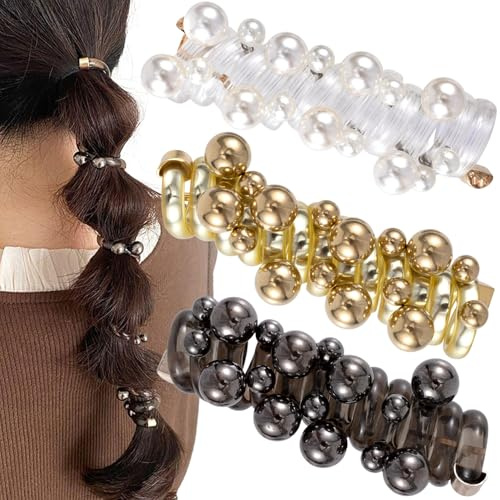 SmallCat 3PCS Spiral Hair Ties with Beads, 3 Colors Pearl Phone Cord Shape Hair Bands, Elastic Rubber Ponytail Holders for Women, No Crease Hair Accessories for Long Curly Hair-Gold Black White Pearl