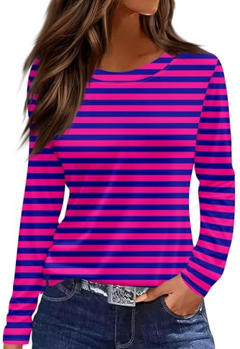 Langarmshirt Damen Gestreift Shirt Rundhals Oversize Ringelshirt | Elegant Leicht Frühjahr Lässige Farbblock Oberteil Baumwolle Herbst Schöne Weit Elegant Oberteile