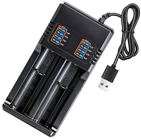 Akku Ladegerät für 18650 21700 26650 26700 18490 1634 14500 18500 Universal Akkuladegerät mit 2 Schacht für Li-Ion Akkus Intelligenter Baterieaufladegerät mit USB Kabel LED-Anzeige