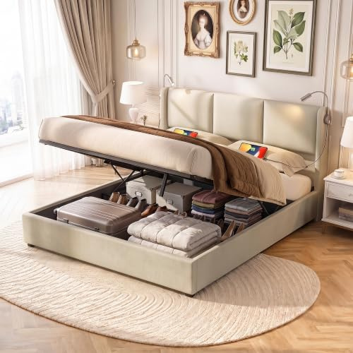 BAJKNIU Letto Matrimoniale Imbottito 160x200 cm, Letto Contenitore Idraulico con Testiera a 2 Lampade da Lettura LED, Prese USB‑C, Rete a Doghe di Legno, Senza Materasso, Beige