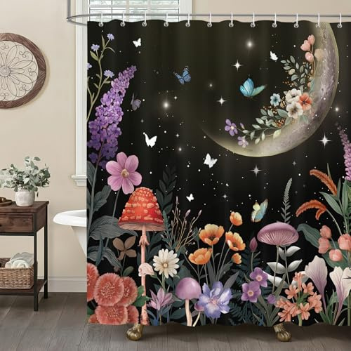 Dazzlewall Moon Garden Shower Curtain for Bathroom Mould & Mildew Resistant | Cottagecore Mushroom, 183 x 183 cm, Waterproof Polyester Fabric, Quick-Drying, Machine Washable, Included 12 Plastic Hooks