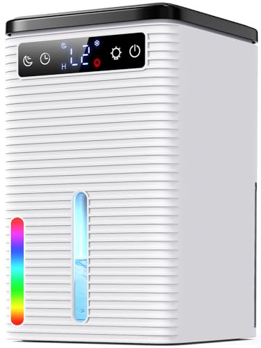 Deshumidificateur d Air Anti Moisissure 2500ML, 2 Vitesses (L1/L2), Compact et Silencieux, Arrêt Auto, Minuteur 2-12H, 7 Lumières LED Colorées, Fonction de Dégivrage, pour Maison et Bureau, 770ML/24H
