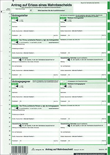 Antrag Mahnbescheid, alle Bundesländer, 2 Einzelblatt, DIN A4 lose im Wechsel