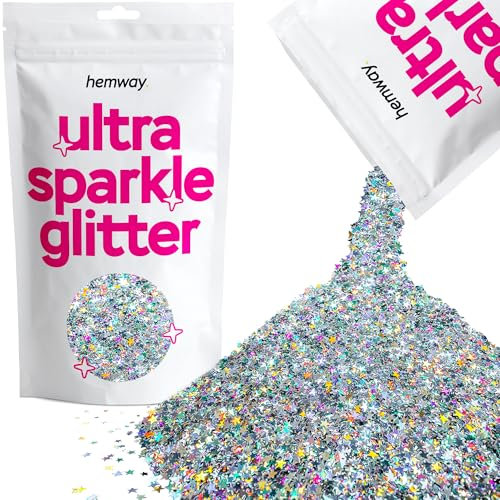 Hemway Ultra Sparkle Glitter - Silver Holographic Stars | Metallic Flakes for Resin & Epoxy Crafts | Supplies for Tumblers, Festival, Hair, Face, Body, Eye & Nail Art Decoration | 100 g
