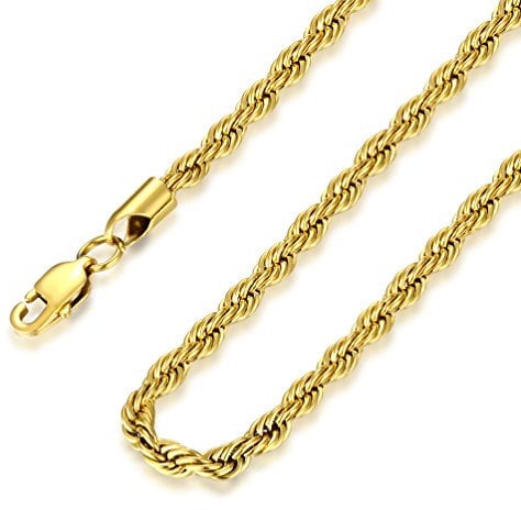 FOSIR 4mm Stainless Steel Mens Womens 18ct Real Gold Plated Twist Rope Chain Necklace, 18-30 Inch