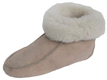 Naturasan Lammfell Hausschuhe Damen | Mokassin mit Ledersohle | Lammfell-Hüttenschuhe mit Stulpe, HS-01, Beige Gr.38