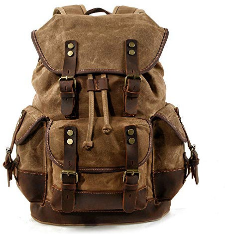 Mens Waxed Canvas Rucksack Leder Rucksack für Männer Wax Leather Rucksäcke Travel Vintage Bookbag mit Laptopfach Rustikal Large Waterproof,Khaki